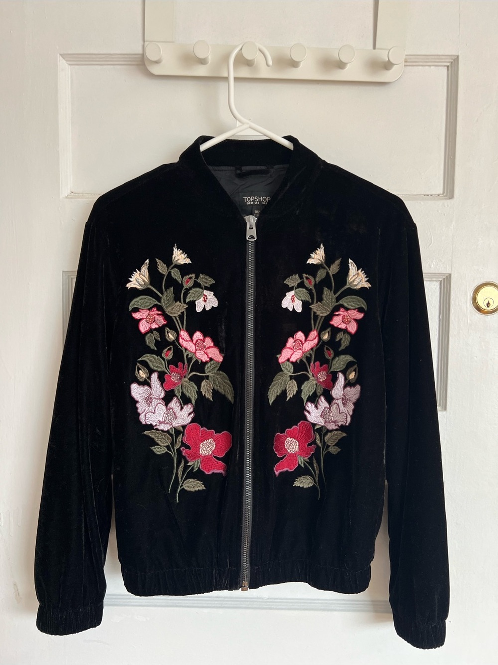 Topshop Black Velvet Bomber Jacket with Pink & Red Floral Embroidery